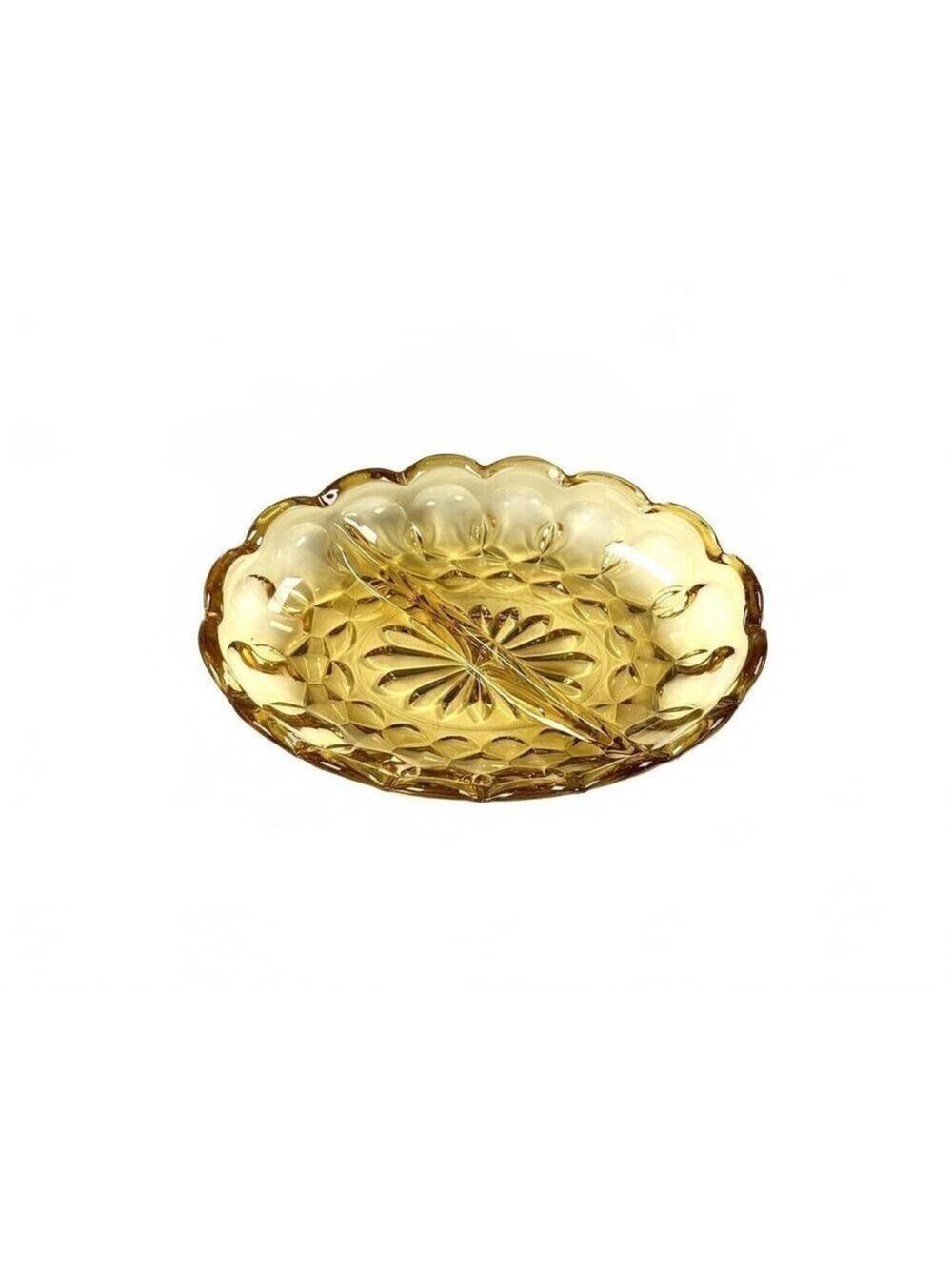 Vintage Anchor Hocking Amber Pressed Glass 2-Section Relish Dish Scallop Rim